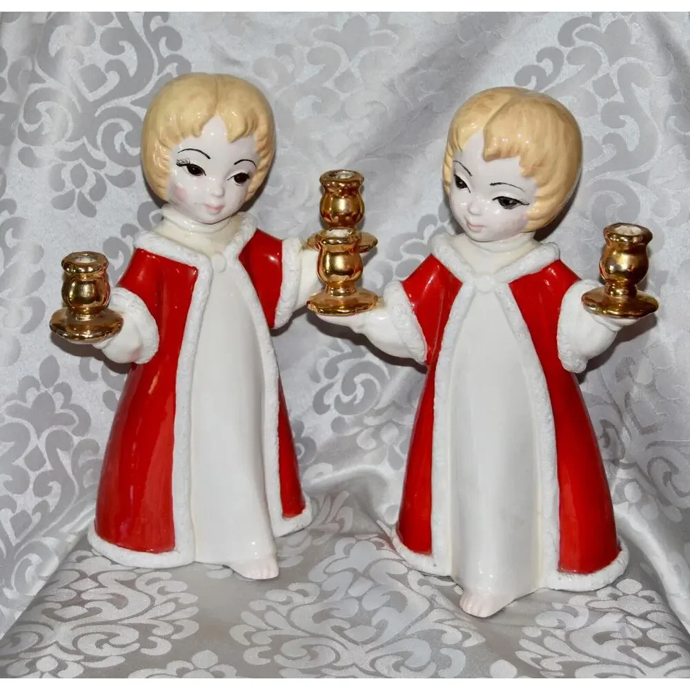 HOLT-HOWARD Christmas Holiday Ceramic Choir Girls Hand Painted Candle Holders
